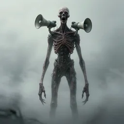 a very thin tall huge creepy humanoid without head and with megaphones growing from the neck. character concept art, extremely high details, octane render, fog, horror, artstation contest winner, art by simon stalenhag. masterpiece