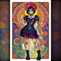 cute punk goth fashion fractal Día de los Muertos tattooed hologram girl posing, psychedelic poster art of by Victor Moscoso Rick Griffin Alphonse Mucha Gustav Klimt Ayami Kojima Amano Charlie Bowater, masterpiece
