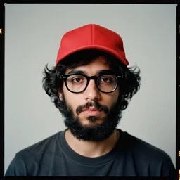 kodak portra 4 0 0, 8 k, highly detailed, britt marling style, color studio - portrait of a young ducktail bearded moroccan american male with black wayfarer glasses and red baseball hat, black hair, muted colors, up face with 1 9 2 0's hairstyle and cloth style, asymmetrical, hasselblad