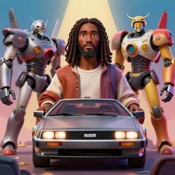 stylish 3 d vfx - portrait - movie poster - art of an african jesus in a delorean surrounded by mecha robots, art style by james jean & hsiao - ron cheng, unreal engine render, digital illustration, sharp, intricate detail, volumetric lighting, ray tracing, soft light, colourful, claymation style, drew struzan style, symmetry, ernie barnes style, acrylic