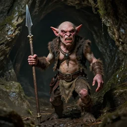 a snarling goblin, annoyed at being bothered in their lair, a damp cave. their clothing is second hand, passed down from their orc masters. he carries a single weapon, a battered spear which is in poor repair - but with a sharp and nasty looking edge.