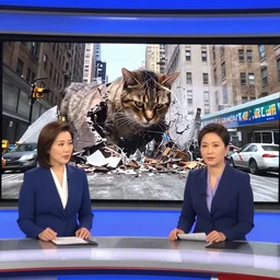 newscaster reporting on the appearance of an enormous cat wrecking nyc, television screen, high resolution