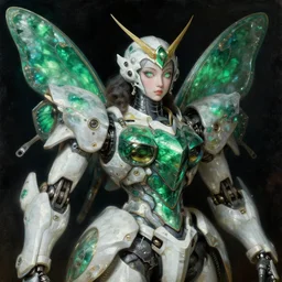 a baroque neoclassicist close - up renaissance portrait of an emerald and white iridescent whimsical 1 8 0 0 s japanese mecha gundam butterfly witch. reflective detailed textures. glowing eyes, dark background. highly detailed fantasy science fiction painting by moebius, norman rockwell, frank frazetta, and syd mead. rich colors, high contrast. artstation