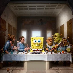 mark zuckerberg, 3d spongebob and shrek in the last supper