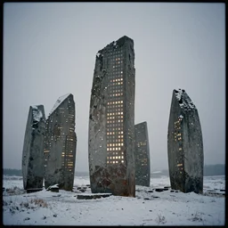 a photograph of skyscrapers stand isolated like neolithic standing stones, hundreds of tiny illuminated windows shimmer in the buildings, backlit, by sarah moon and joel peter witkin, 1 8 0 0 s vintage, grainy, snow, highly detailed, gloomy and foggy atmosphere, octane render, cinematic lighting, photographic emulsion cracked and peeling, tri - x, 8 k, hd