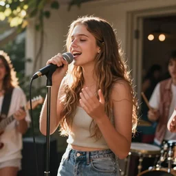 color video footage of a girl singing on the stage at home party, long shot, sun lighting, normal tone,