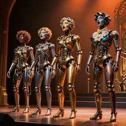 hyperrealistic victorian mechanical iridescent humanoids singing on an art deco stage concept art santiago caruso de chirico sharp dramatic orange light 8k low angle shallow depth of field