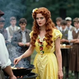 an image of a queen with tan skin long rippling cinnamon hair and emerald colored eyes in a medium full shot, vintage historical fantasy 1 9 3 0 s kodachrome slide german and eastern european mix. the queen is pictured attending a barbecue for youth volunteers. she is dressed in a yellow dress paired with floral accessories.