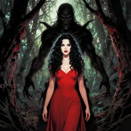 artgerm, joshua middleton comic cover art, full body, pretty alyson hannigan, evil dead demon, evil dead movie, red dress, symmetrical eyes, symmetrical face, long curly black hair, trees, forest, branches, cinematic lighting, evil dead creature, scary, blood