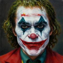 Intricate five star Joker facial portrait by Pablo Picasso, oil on canvas, HDR, high detail, Photo realistic, hyperrealism,matte finish, high contrast, 3d depth, masterpiece, vivid and vibrant colors, enhanced light effect, enhanced eye detail,artstationhd