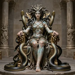 queen medusa, lots of snakes, realism, realistic, full body, standing in epic throne room