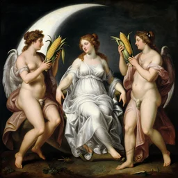 The painting shows Venus seated on a crescent moon. She is surrounded by the goddesses Ceres and Bacchus, who are both holding cornucopias.  by Maria Sibylla Merian lively