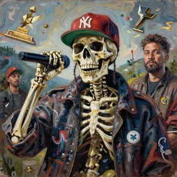 messy painting, rapper skeleton in the style of hiphop, by marco paludet, gianni strino and marion bolognesi, artstation