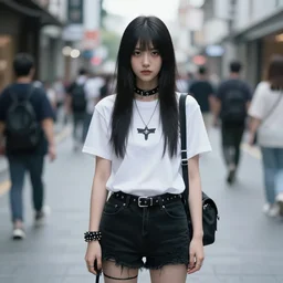 a young woman who may be a ghost, wearing punk clothing, standing on a busy street in a country town in the 1 9 7 0 s, seventies, golden hour, painterly, offset printing technique, by alexandre cabanel
