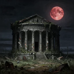 an ancient crumbling overgrown temple, a moonlit steppe, ((in the style of shadow of the colossus)), by tyler edlin, by gustave dore, blood moon, 💀, matte painting