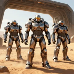 a brotherhood of steel fighter in power armor in the desert near a closed hangar, small ripples in the air from the heat, glare from the sun on metal surfaces, realistic proportions, unreal engine style
