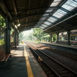 indoor render of a cyberpunk train station, railway platform, summer, rail, trees, sunshine, 4 k wallpaper, very detailed, by liam wong, hyper realistic render