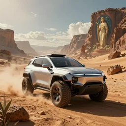 a futuristic offroad suv designed by apple driving through socotra island, artgerm and greg rutkowski and alphonse mucha, an epic fantasy, volumetric light, detailed, establishing shot, trending on art station, octane render, midsommar