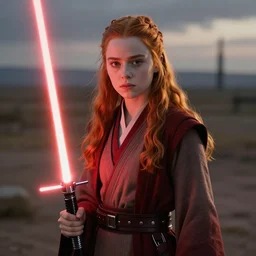 Sadie Sink as a Jedi Master, with her lightsaber, tv still from Stranger Things
