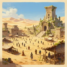 low angle wide shot, the elder scrolls vi hammerfell, bustling capital city!!, market square! ( sand dunes, desert ) ( ( ( ruined temple covered with moss ) ) ), hot!, poster edge illustration, poster edge, spring, perfectly shaded, soft painting, art by mark kent, jordan lamarre - wan, igor kieryluk, maxim verehin, miranda meeks