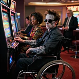 movie poster for weekend at bernie's 3, robert downey jr in a wheelchair with dark sunglasses, robert downey jr. in a wheelchair playing slot machine, pallid grey facial flesh, cinematic lighting, rigor mortis inanimate corpse in a wheelchair, movie poster for robert downey starring in weekend at bernie's, bernie goes to casino with whoopi goldberg, steve buscemi and danny devito