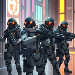 futuristic human swat team, high tech cloth suits, neon, artstation, cartoon, elegant, highly detailed, digital painting, concept art, smooth, sharp focus, illustration, art by ghibli, makoto shinkai, don bluth, fujita goro, jean giraud, atey ghailan, akihiko yoshida, tom whal
