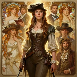 sargent and leyendecker and greg hildebrandt highly detailed portrait of a woman with long hair, swashbuckler, stephen bliss, unreal engine, by greg rutkowski, loish, ferdinand knab, ilya kuvshinov, rossdraws, tom bagshaw, alphonse mucha, global illumination, radiant light, detailed and intricate environment