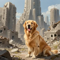 a golden retriever on a destroyed city, texture, intricate, details, highly detailed, masterpiece, architecture, building, trending on artstation, focus, sharp focus, concept art, digital painting, fantasy, sunny, day, midday