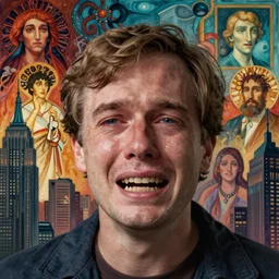 realistic detailed portrait movie shot of a todd solondz cryingm, new york sci fi city landscape background by denis villeneuve, amano, yves tanguy, alphonse mucha, ernst haeckel, max ernst, roger dean, masterpiece, rich moody colours, dog teeth, blue eyes