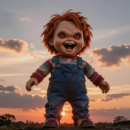 beautiful sunset with clouds shaped like chucky doll screaming