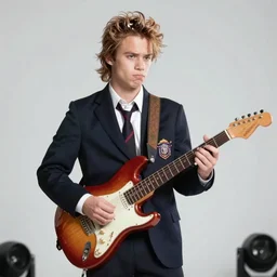 stereograph of angus young on guitar wearing school boy outfit