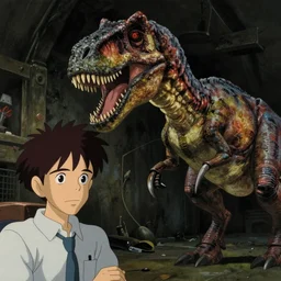 a very dull interior shot still from jurassic park ( 1 9 9 3 ) of a velociraptor clawing an old nerdy skinny scientist. paiting by studio ghibli. close up on the faces, perfect art, grimdark, trending on pixiv fanbox.