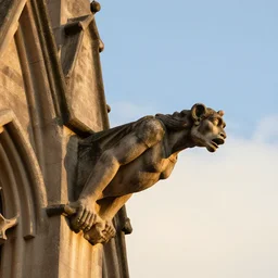 grotesque stone gargoyle in the shape of jesus extending from the top of a building, medium closeup, sundown, photo by f - stop fitzgerald