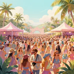 summer party rave thousands of beautiful party people beautiful picture and scenery, pastel tropical shades, official fanart behance hd artstation by greg rutkowski, by jeremy mann, by francoise nielly, by van gogh