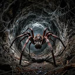 a monstrous spider in a dark tunnel, cobwebs, atmospheric, in the style of bob eggleton, dramatic lighting, low angle, wide angle, hyper - realistic, highly detailed digital art