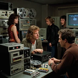 movie scene from a 1 9 8 7 sequel to “ videodrome ” directed by “ david cronenberg ”. retrofuturism ; cinematic photography ; cassette - punk ; cassette - futurism ; dystopian ; suspense ; people conversing and stalking each other near video - decks, reel - to - reel tapes, radio - equipment, and mainframe computers.
