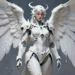 a beautifull white cast futuristic angel in power armor with pretty face in intricate detailed color smashing fluid oilpaint, melting wax,, futuristic digital painting, cyberpunk, 8 k, hyper detailed, octane render, concept art, by peter mohrbacher, by wlop, by ruan jia,