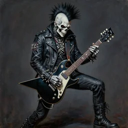 a portrait of the grim reaper as a punk rocker playing an electric guitar, punk, skeleton face, mohawk, dark, fantasy, leather jackets, spiked collars, spiked wristbands, piercings, boots, ultrafine detailed painting by frank frazetta and vito acconci and michael whelan and takeshi obata, death note style, oil on canvas