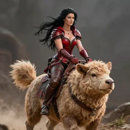 epic fantasy d & d female halfling rogue riding on top of mr wobbles, black hair, red leather corset, cinematic, beautiful lighting, heroic