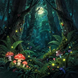 dark amazon rain forest covered with fluorescent mushrooms and ferns plants, fireflies and strange insects, inhabited by little monsters, showered by moonlight, natural lighting, playful color scheme, intricate details, matte painting, illustration, hayao miyazaki
