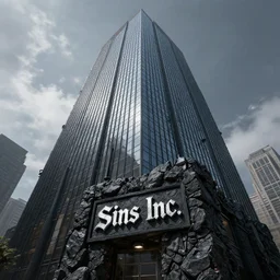 a dark glass skyscraper in hell made of black rock with signboard ‘Sins Inc.’ on it, sins inc skyscraper front, high resolution, highly detailed, digital painting