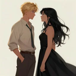 highly detailed, stoic butch tomboy princely short - haired blonde named val wearing pants, and beautiful femme romantic black - haired woman named odyl wearing long black dress, gazing at each other, romantic and dreamy, artstation, digital art, octane render