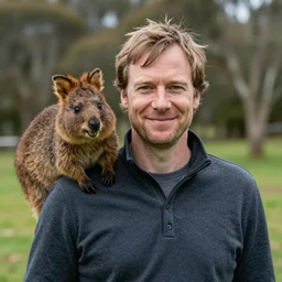 Jordan Peterson with a happy quokka on his shoulder, f/22, 35mm photo