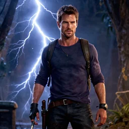 nathan fillion as nathan drake from uncharted, cinematic lightning