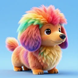 high quality 3 d render hyperrealist very cute fluffy dachshund - pokemon, plush mascot, long spiky fluffy smooth hair, photo from the side, multi colors, vivid colors, vray, smooth background, artstation, ultra detailed