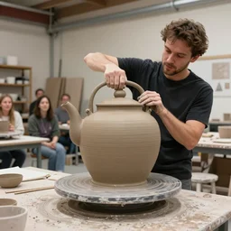 johnny vegas making a very large clay teapot, art school, studio, wet clay, photorealistic, interview, stand up comedy, audience, stage