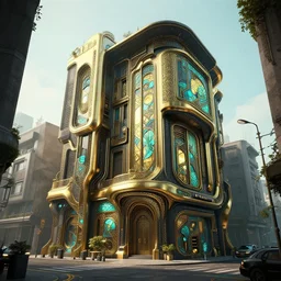 hyper realistic concept art house solarpunk cyborg in the street, style brutalism, gold and black turquoise ratio, alphonse mucha, octane render volumetric lighting