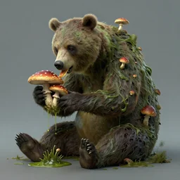 a creepy, slimy swamp bear eating mushrooms that are growing out of its body. art by tomasz alen kopera and glenn fabry.