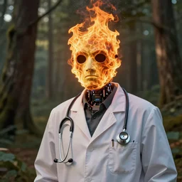 An album cover, (fire), mask, stethoscope!, (doctor), 3d render, robot!, (unreal engine), (rust), photograph, portrait, painting, (forest)