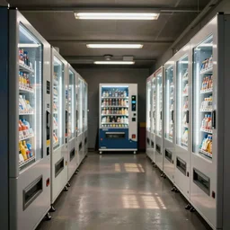 liminal space with rows of vending machine, fluorescent light, photorealistic, detailed